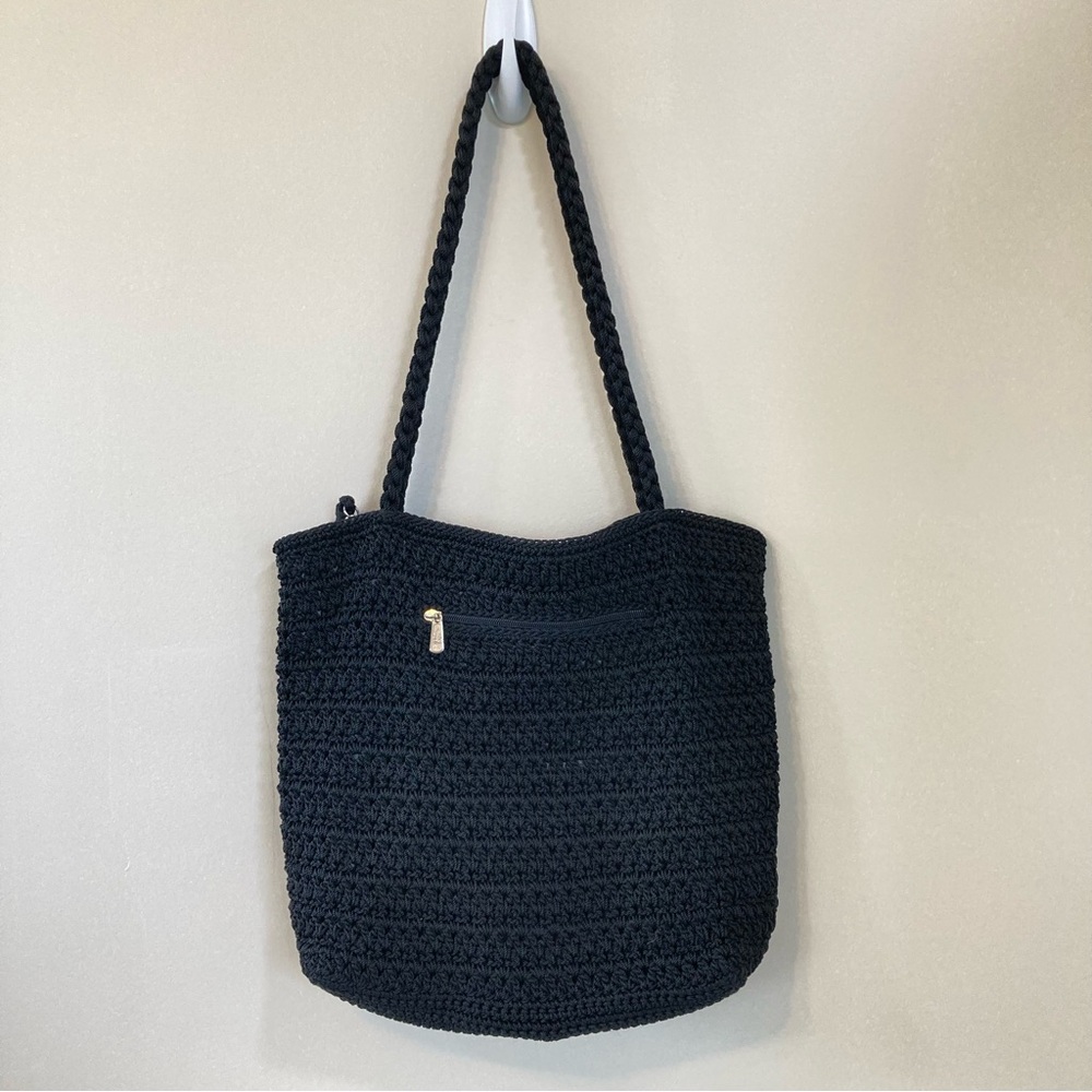 The Sak Black Crochet Knit Shoulder Bag Zip Closure Boho